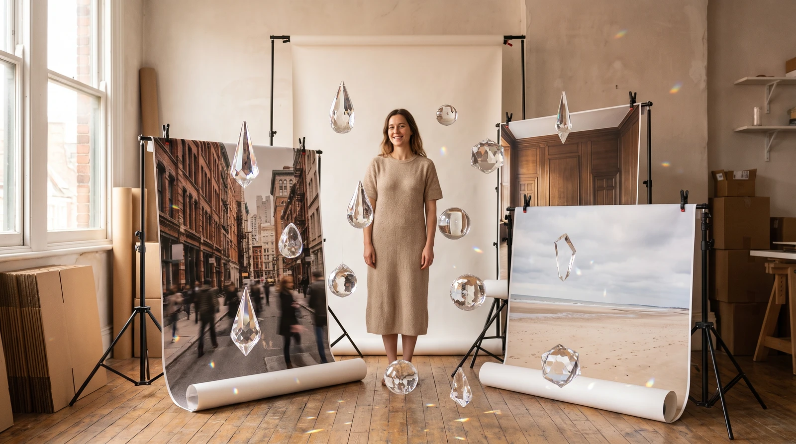 Fashion model placed in multiple environments using AI Model Backgrounds: studio, urban street, beach, and luxury interior settings